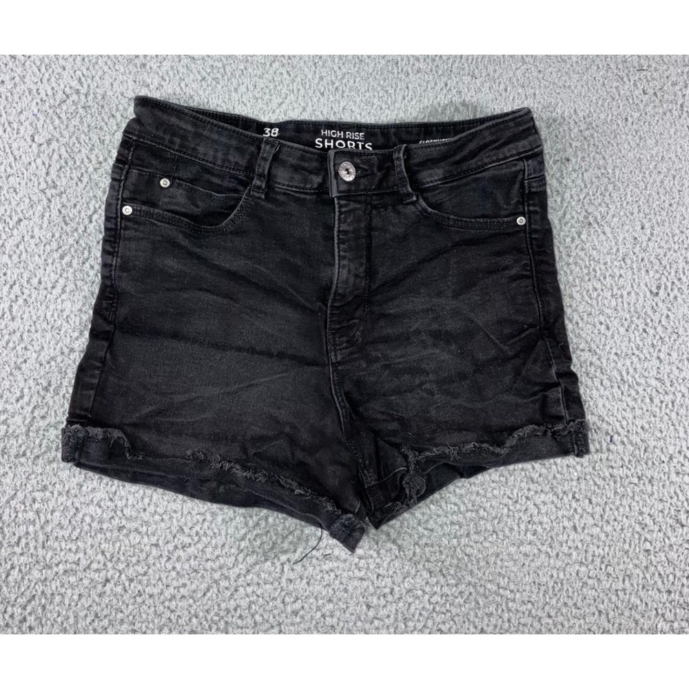 Black Denim Shorts Women 38 27x2 High Rise Frayed Edgy Festival Grunge Punk Goth